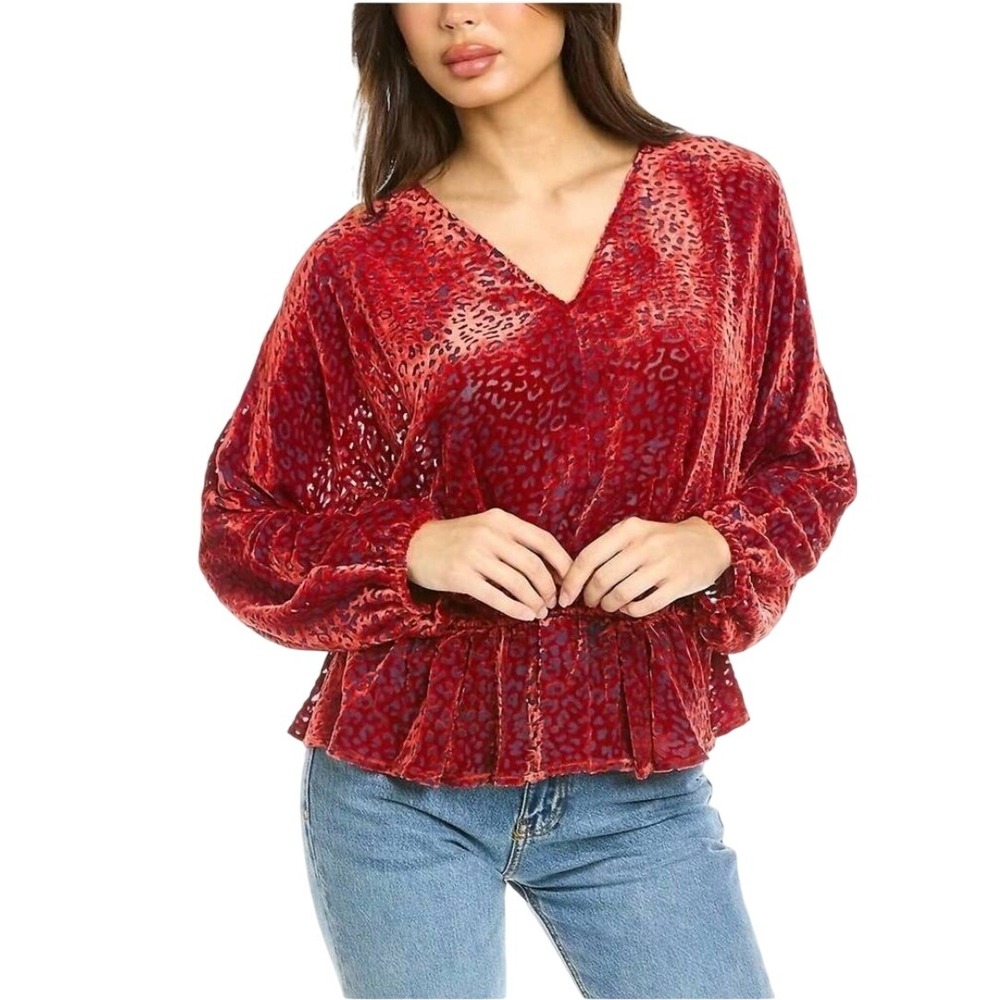 Johnny Was Jaider Burnout Velvet Leopard Print V Neck Peplum Blouse XS